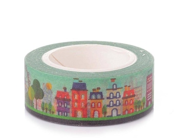 10m roll Happy Town Washi Tape 15mm wide, boxed craft tape for stationery, gift wrap, arts