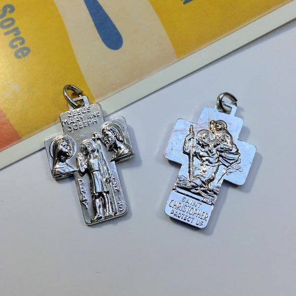 1 Vintage St. Christopher Cross 35x22mm doppelseitig religiösen Medaille, Jesus, Maria, Joseph Silber Ton Charme