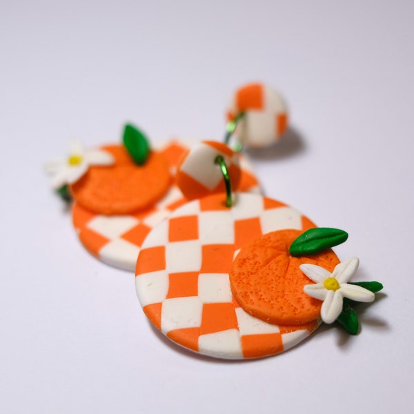 Oranges Polymer Clay Earrings 70s / Summer Oranges Earrings Clay / Checkerboard Earrings / Polymer Clay Ohrringe Orangen Picknick 70er