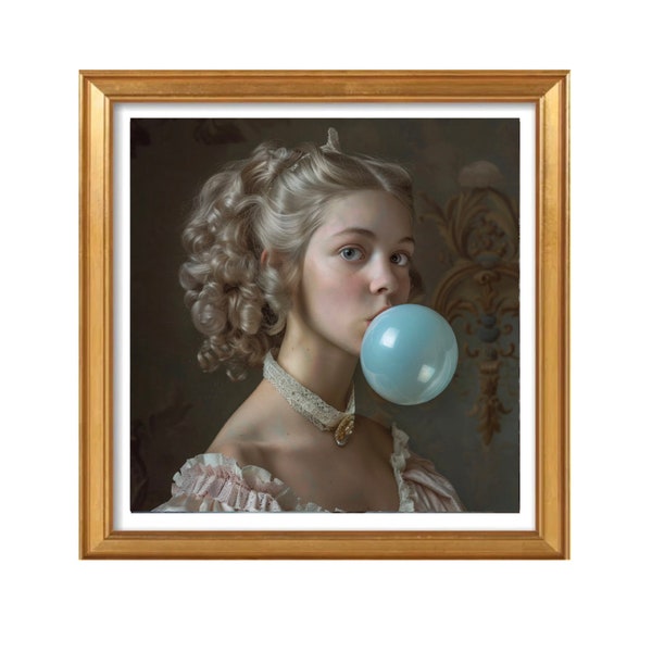 Marie Antoinette Print, Blue Bubble Gum, Wall Art Canvas, Marie Antoinette Wall Art, Marie Bubble Gum, Bubblegum Lady, French Rococo