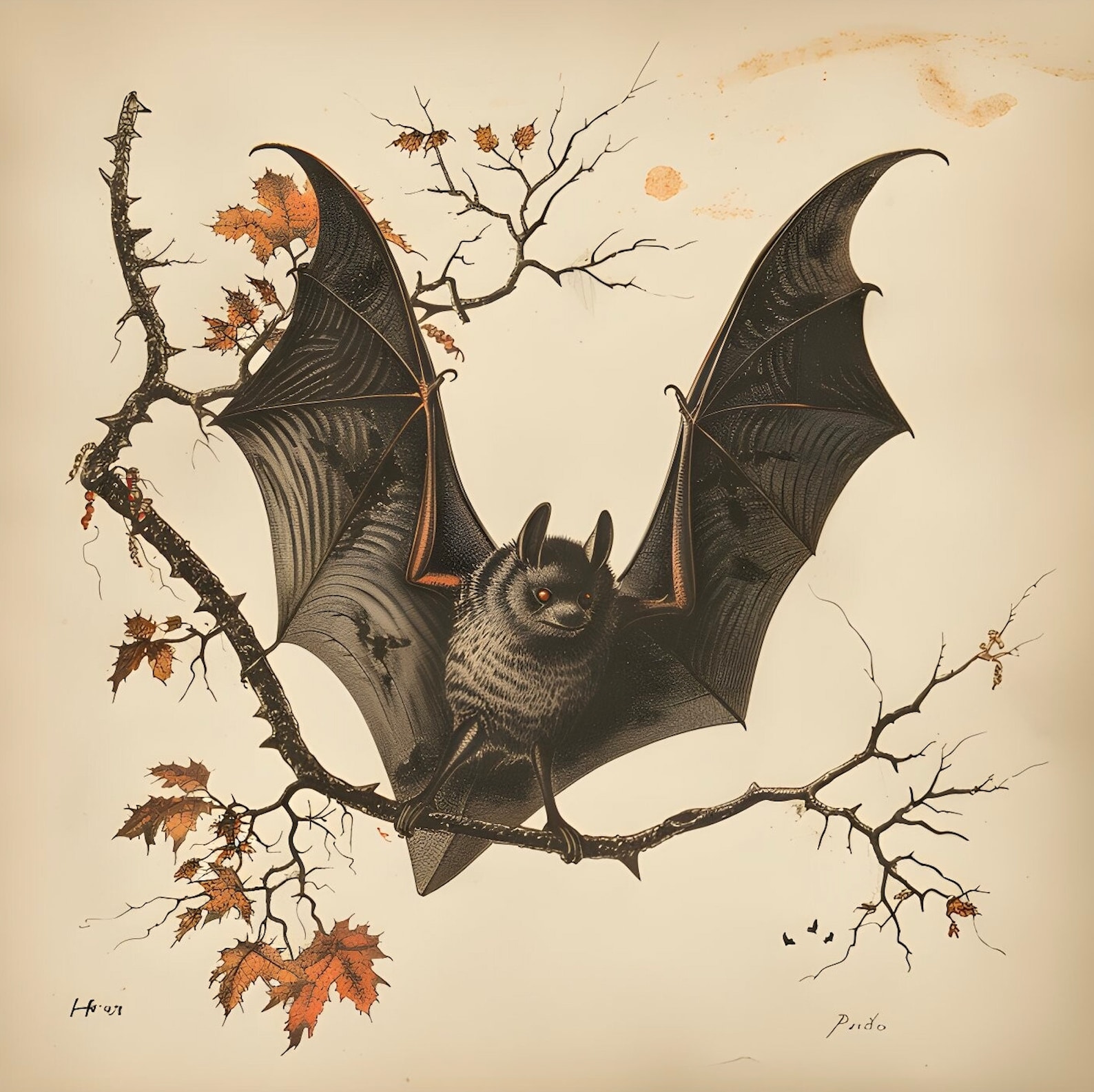 Vintage Bat Print Antique Halloween Wall Art Dark Moody Bat Art Print ...