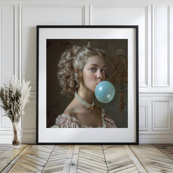 Marie Antoinette Print, Blue Bubble Gum, Wall Art Canvas, Marie Antoinette Wall Art, Marie Bubble Gum, Bubblegum Lady, French Rococo