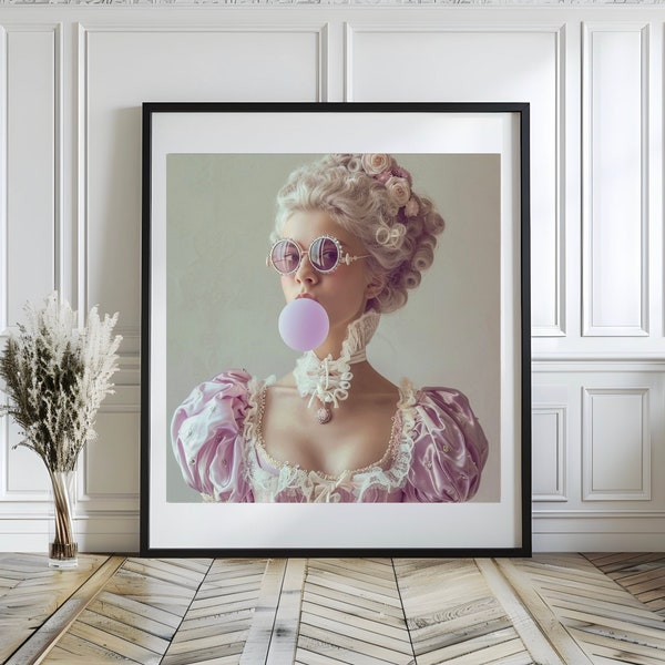 Marie Bubble Gum, Bubblegum Lady, French Rococo, Marie Antoinette Wall Art, Marie Antoinette Print, Pink Bubble Gum, Wall Art Canvas