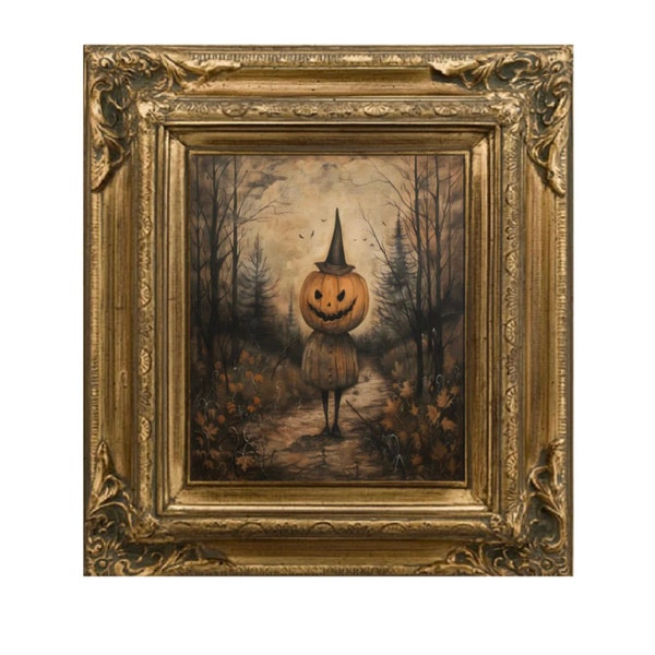 Woodland pumpkin, moody moss pumpkin wall print, floral dark academia, halloween printable, vintage poster, gothic oil painting, pumpkin art