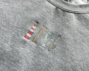 Sudadera de pescador bordada: cuello redondo náutico costero