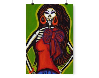 Dia de los Muertos, Catrina w Hoops. Day of the dead, Premium Matte Vertical Posters Mexican folk art