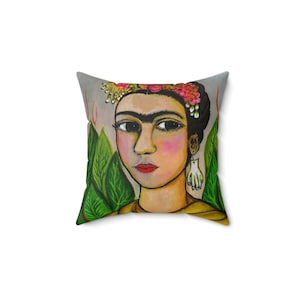 Frida con Flores, Spun Polyester Square Pillow  Mexican Folk Art