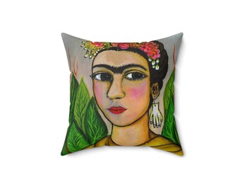 Frida con Flores, Spun Polyester Square Pillow  Mexican Folk Art