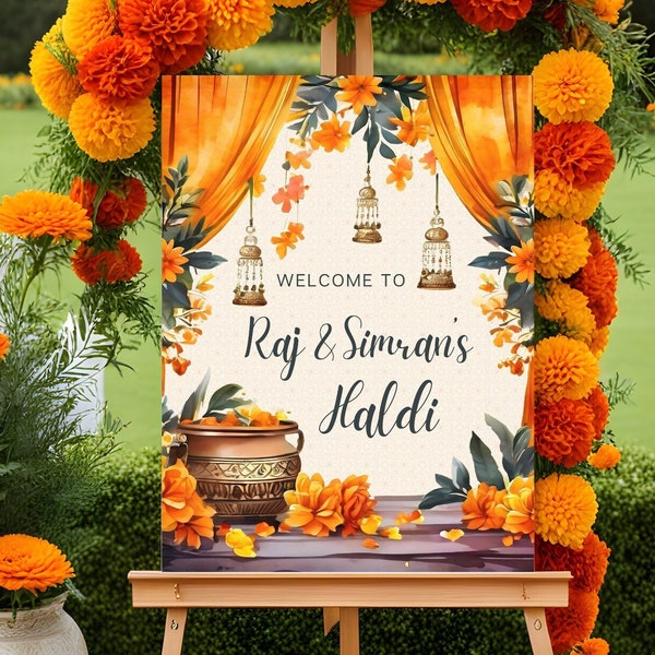 Haldi Welcome Sign, Indian Wedding Decor, Indian Haldi Event, Desi Event Sign, Digital Download, Editable Template