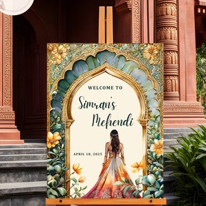 May include: A welcome sign for a Mehndi celebration with a gold and blue ornate archway, a woman in a colorful dress, and the text "Welcome to Simran's Mehndi, April 10, 2025".