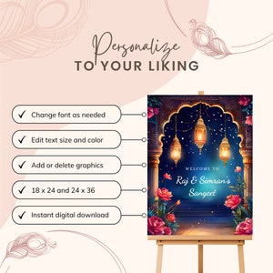 May include: A digital printable sign for a Sangeet celebration. The sign features a colorful illustration of an archway with lanterns and flowers. The text reads "Welcome to Raj & Simran's Sangeet".