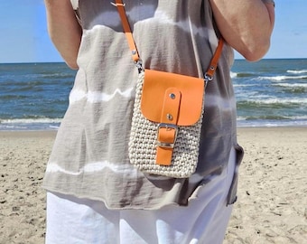 Bolso para teléfono de crochet naranja, soporte para smartphone de punto, monedero para teléfono móvil, billetera para teléfono