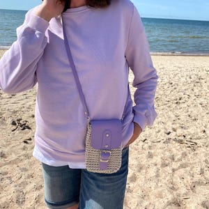 Lilac crochet phone bag, purple knitted smartphone holder, purse for mobile phone, boho gift for best friend