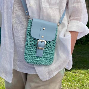 Bolso para celular de crochet, bolso de punto azul, monedero para teléfono móvil, billetera cruzada para teléfono