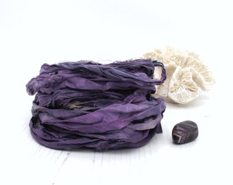 Aubergine, hand dyed recycled sari silk ribbon