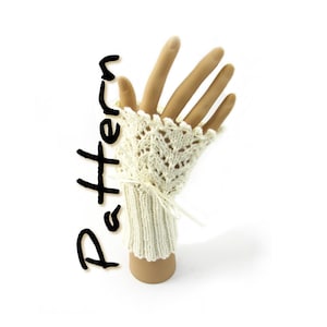 May include: White crocheted fingerless gloves with a lacy cuff and a tied bow.