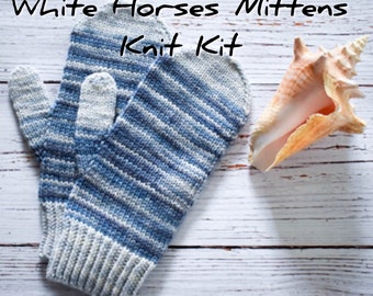 White Horses Mittens knit kit with handdyed DK Falkland Merino wool