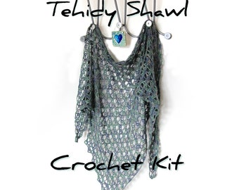 Tehidy Shawl crochet kit with handdyed 4ply Tranquil silk baby camel blend yarn