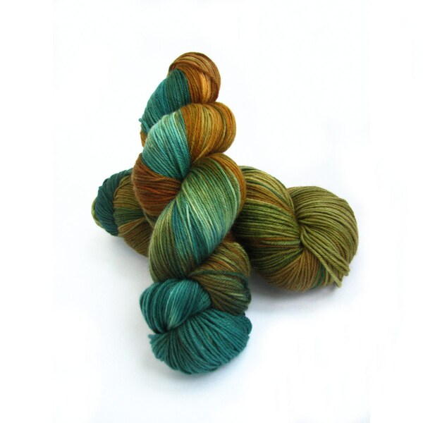 Handdyed sock yarn, merino wool cashmere, 4ply knitting wool, fingering crochet yarn uk, Perran Yarns Forest Floor, green brown, uk seller