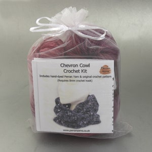 Chunky Chevron Cowl crochet kit with organza bag packaging