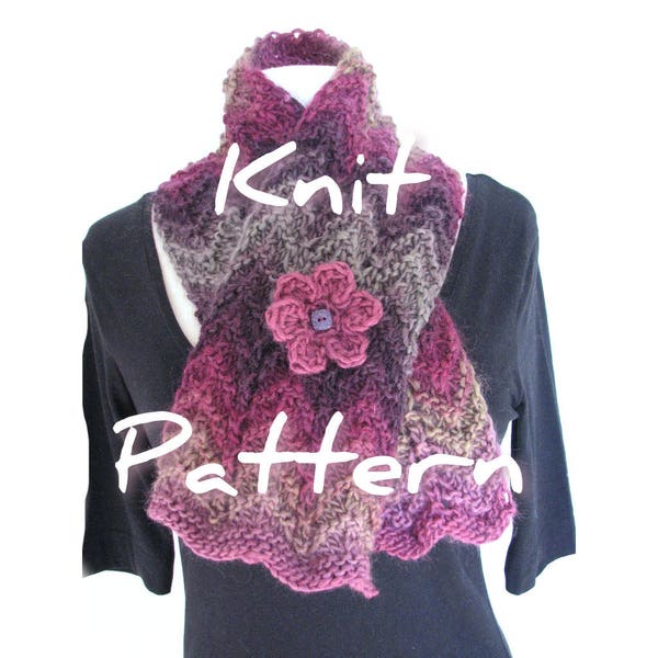 Chunky knit scarf pattern pdf, zig zag bulky scarf, wave scarf, easy knit scarf pattern, one skein, crochet flower