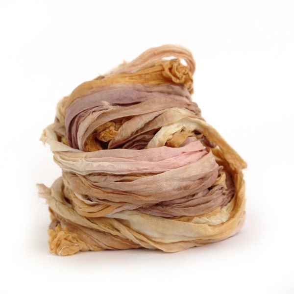 Handdyed chiffon silk ribbon recycled 10metres, Autumn Rose quartz pink sand brown tan, textile arts