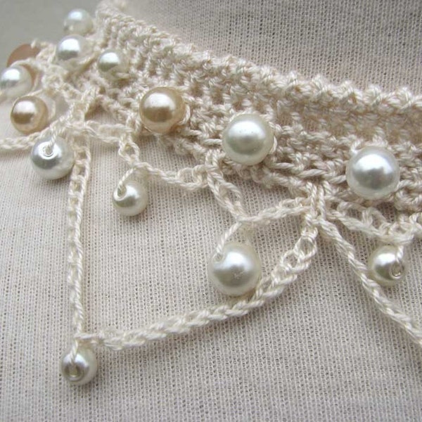 Crochet Choker Necklace - ivory silk yarn and glass pearl beads - ideal for brides and wedding attire