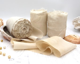 Recycled undyed sari silk ribbon roll, 75mm wide