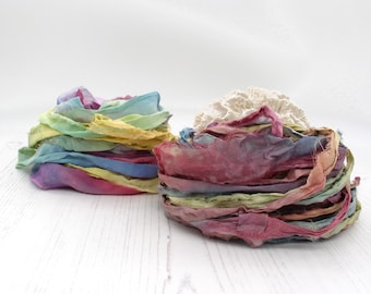 Unicorn Clouds, hand dyed recycled silk ribbon - chiffon, sari & heavy chiffon