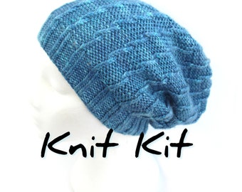 Slouchie Twist Beanie Hat knit kit with handdyed merino silk aran yarn