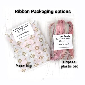 Recycled sari sillk ribbon packaging options - paper bag or reusable gripseal plastic bag