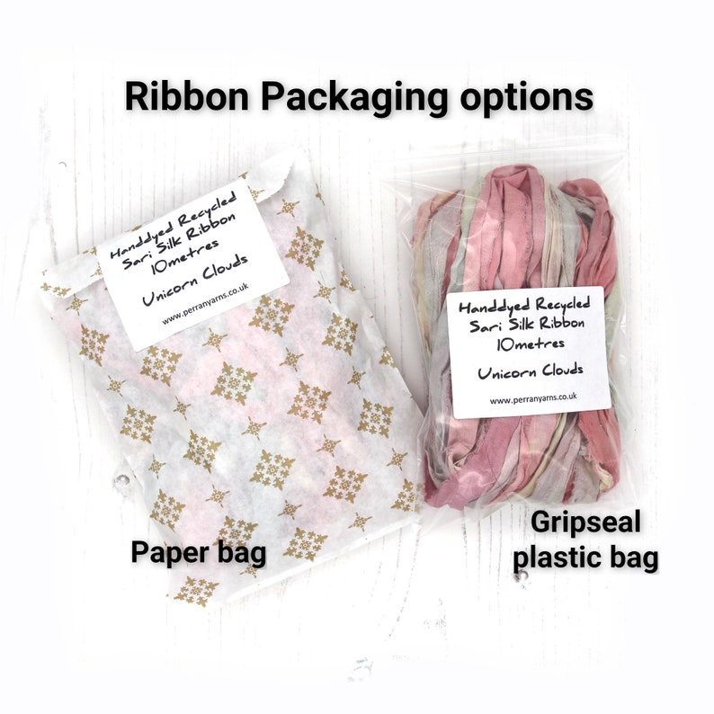 Recycled sari sillk ribbon packaging options - paper bag or reusable gripseal plastic bag