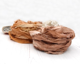 Sweet Chestnut, Hand-dyed recycled sari or chiffon silk ribbon