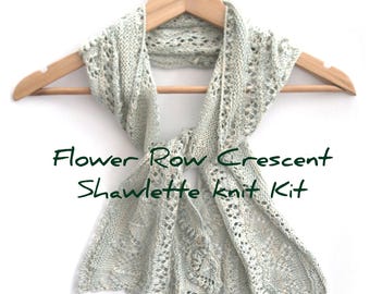 Flower Row Crescent Shawlette knit kit with 4ply silk seacell yarn, choose your colour