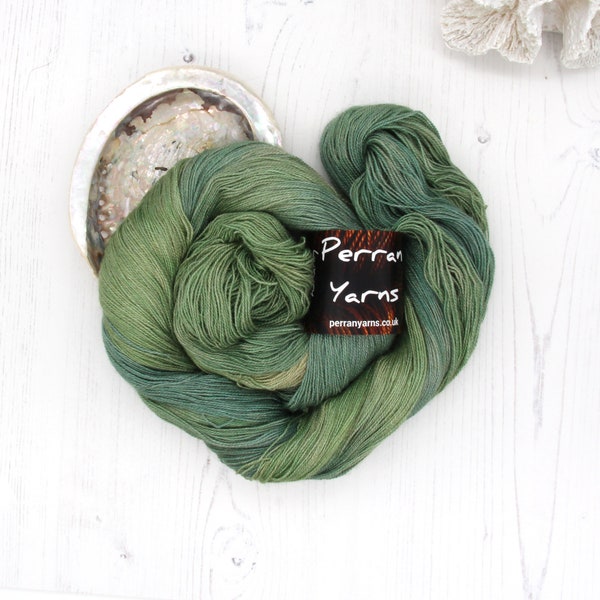 Green Goddess, Laceweight Tranquil silk baby camel hand dyed yarn