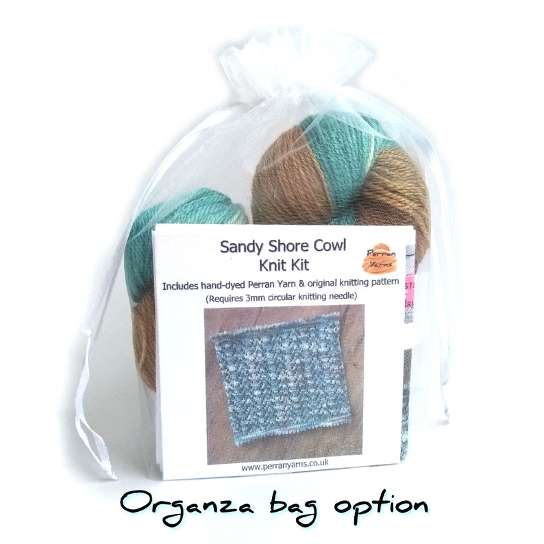 Sandy Shore Cowl knit kit with organza bag packaging