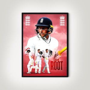 Puede incluir: Un póster rojo, blanco y azul con una foto de un jugador de cricket con un uniforme blanco y un casco negro. El jugador sostiene un bate de cricket amarillo. El póster tiene el texto "JOE ROOT" en letras rojas.