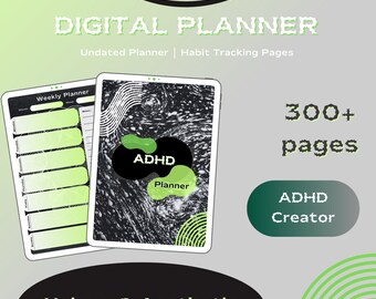 以下が含まれることがあります： ADHD の人向けに設計された、300 ページ以上のデジタルプランナー。プランナーは、緑色のアクセントがついた白黒の抽象的なデザインが特徴です。表紙には「ADHD Planner」というテキストが表示されています。