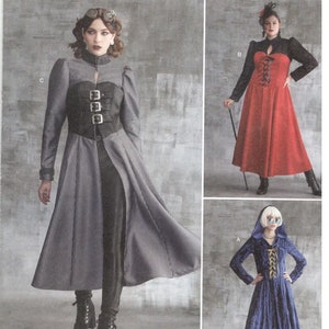 May include: Simplicity R11922 Costumes sewing pattern for three steampunk-inspired dresses. The pattern includes a long, striped dress with a black corset, a red dress with a black lace-up bodice, and a blue velvet dress with a lace-up bodice and a hood.