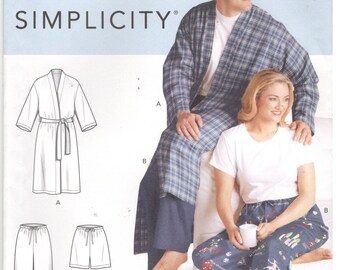 Simplicity 9131 Size XL, XXL, XXXL Women's / men's plus size sewing pattern: elastic waist pajama pants / shorts and robe / house coat