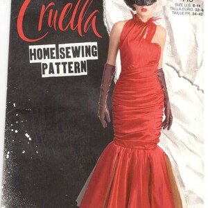 Simplicity 9341 / 10981 Size 4, 6, 8, 10, 12, 14 / 14, 16, 18, 20, 22 Costume dress sewing pattern: Disney Cruella red ruched gown, slvless