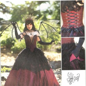 May include: A sewing pattern for a red and black gothic-style costume. The pattern includes a corset, a skirt, and wings. The pattern is for sizes 14-22. The pattern is from Simplicity and is called Costumes. The pattern number is S3063.