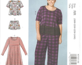 Mccall's 7697 Size 18w, 20w, 22w, 24w Women's sewing pattern: plus size top, dress, pants or shorts, short sleeve top, flared dress, knits