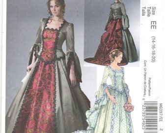 McCall's 6097 Size 14, 16, 18, 20 Women's sewing pattern. Victorian gown with peplum top, Wide, full, floor length skirt with back bustle