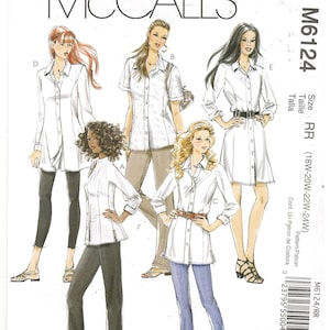 McCall&#39;s 6124 Size 18W, 20W, 22W, 24W Plus size sewing pattern for women.  Princess seam, button down blouse / shirt / dress / tunic