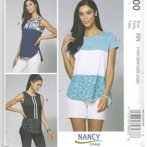 May include: A sewing pattern for a women's top with three different styles. The pattern is from McCall's and the pattern number is M7600. The pattern is for sizes 18W-20W-22W-24W.
