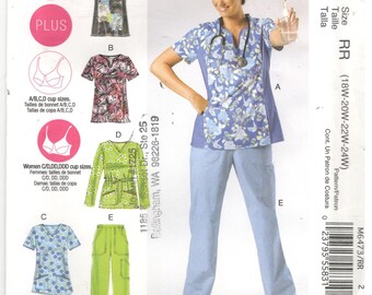 McCall's 6473 Size 18w, 20w, 22w, 24w.  Scrubs sewing pattern for plus size women. Short / long sleeve princess seam tunic and pants.  nurse