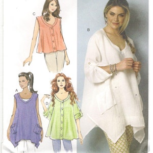 Butterick 6056 Tailles 16, 18, 20, 22, 24, 26, L, XL, XXL. Tunique / haut pour femmes grandes tailles, patron de couture sans manches ou à manches courtes, coupe ample