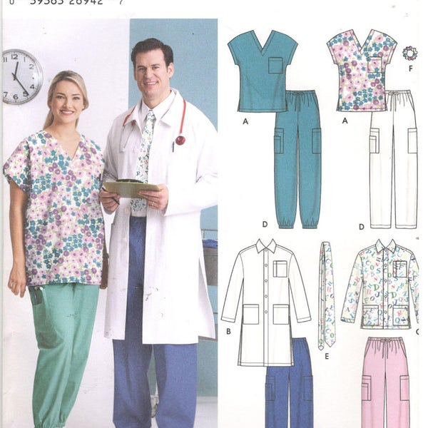 Simplicity 5443 Size XL, XXL, XXXL Nursing scrubs sewing pattern, men / women. Short sleeve top / tunic, pants, tie & short or long lab coat