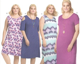 Simplicity 8590 Size 1X, 2X, 3X, 4X, 5X Plus size pattern: Sleeveless or short sleeve knit sheath or shift dress, cold shoulder option, maxi